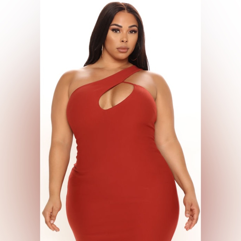 Fashion Nova Rust One-Shoulder Dress – Fall Wedding Guest – Size 1X